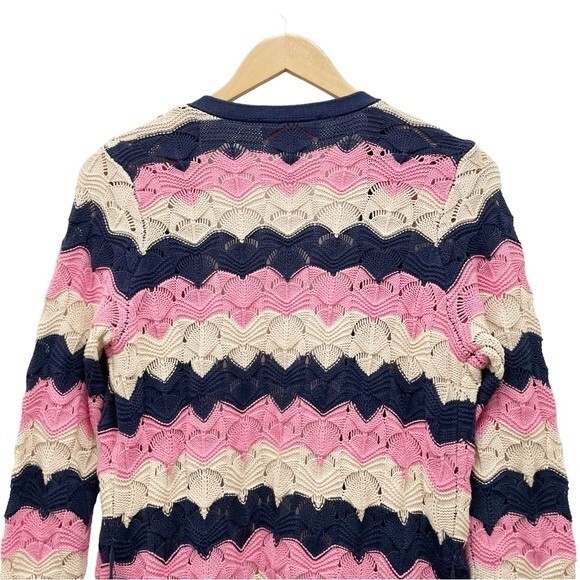 Laurie Felt Pointelle Knit Maxi Cardigan Duster Sweater Navy Pink Tan Size XXS - Picture 11 of 16